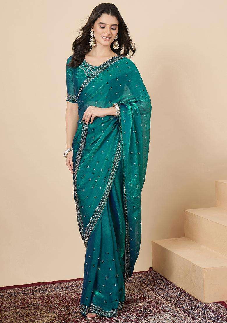 Teal Green Embellished Silk Saree Set for Diwali and Festive Wear - Indya