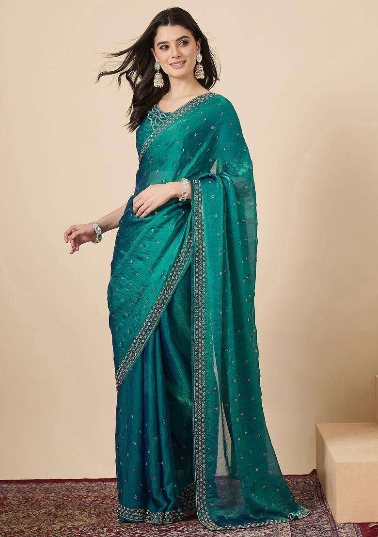 Teal Green Embellished Silk Saree Set for Diwali and Festive Wear - Indya