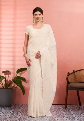Off White Embroidery Tissue Saree Set