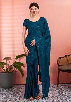 Teal Blue Embroidery Tissue Saree Set