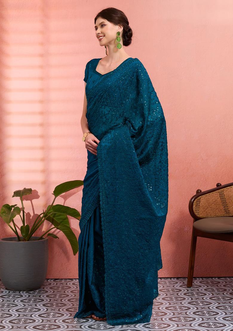 Teal Blue Embroidery Tissue Saree Set - Indya
