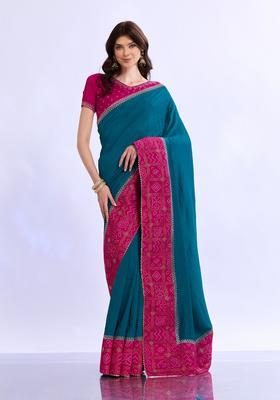 Teal Blue Embellished Silk Saree Set
