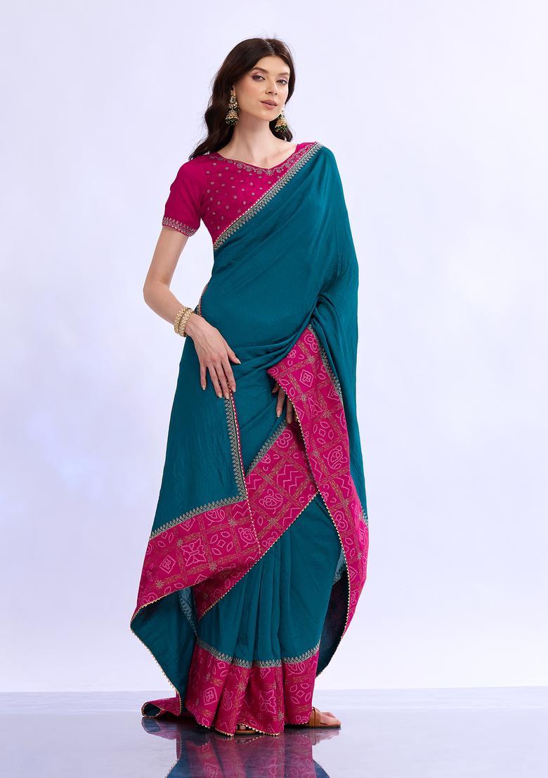Teal Blue Embellished Silk Saree Set - Indya