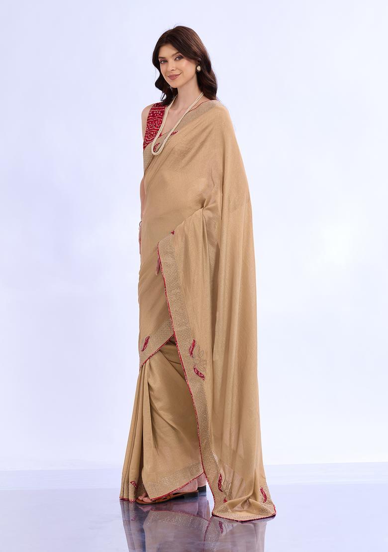 Beige Embellished Silk Saree Set - Indya