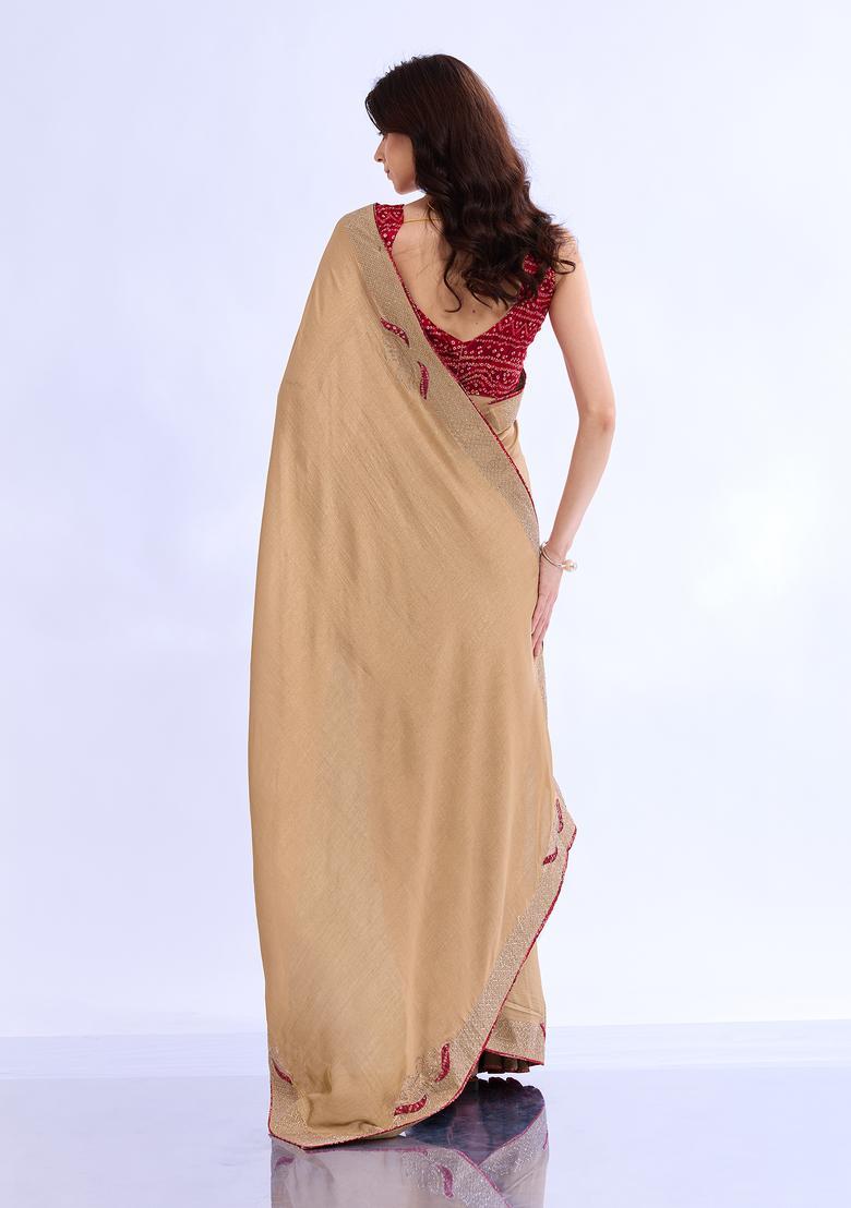 Beige Embellished Silk Saree Set - Indya