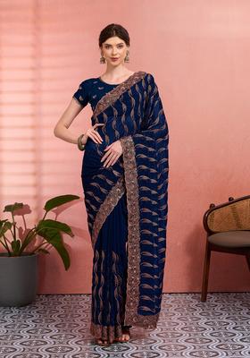 Teal Blue Embroidery Georgette Saree Set