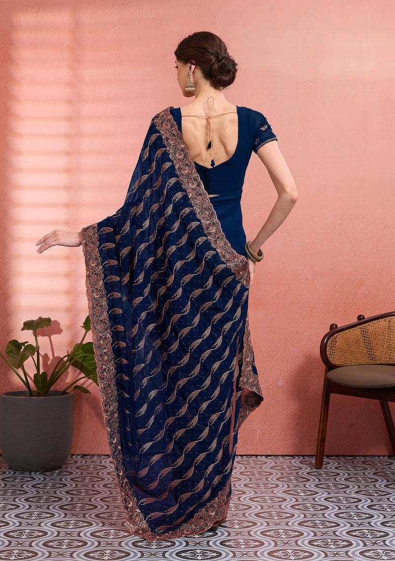 Teal Blue Embroidery Georgette Saree Set - Indya
