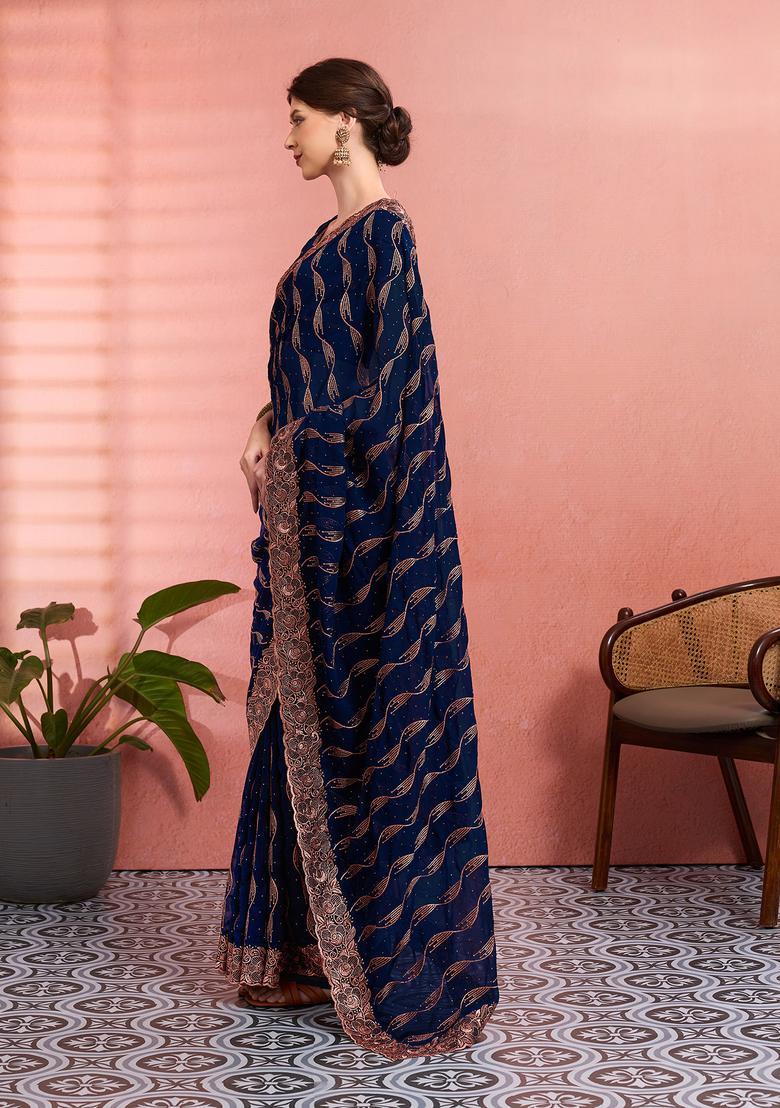 Teal Blue Embroidery Georgette Saree Set - Indya