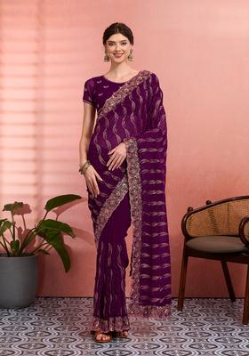 Purple Embroidery Georgette Saree Set