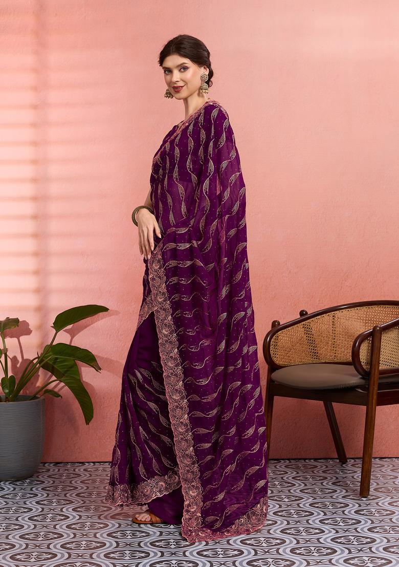 Purple Embroidery Georgette Saree Set - Indya