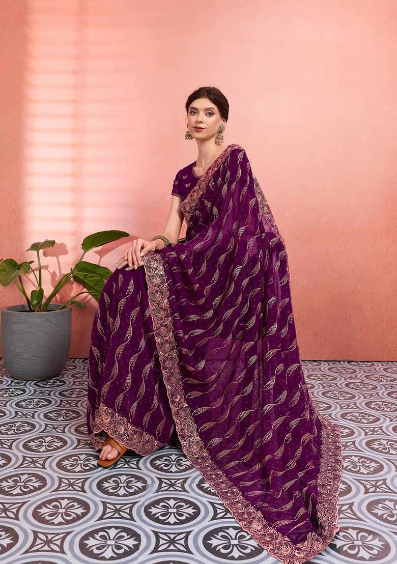 Purple Embroidery Georgette Saree Set - Indya