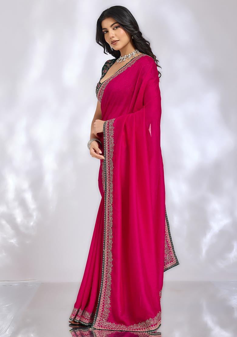 Pink Embroidery Silk Saree Set - Indya