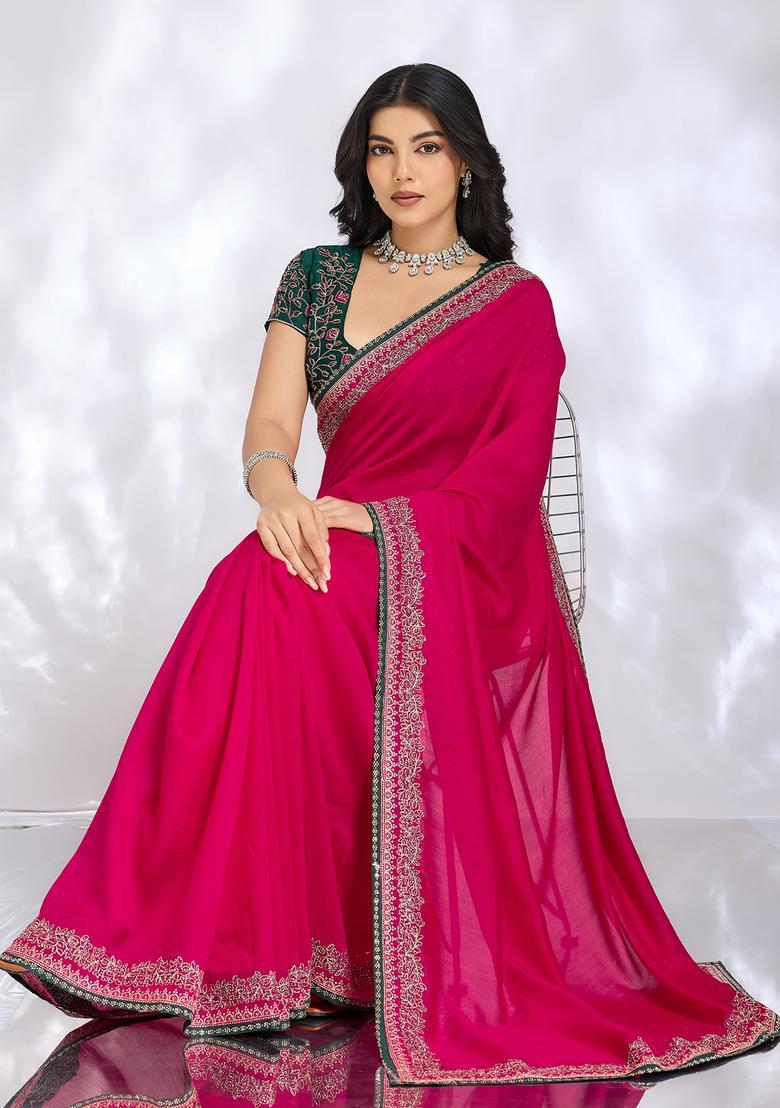 Pink Embroidery Silk Saree Set - Indya
