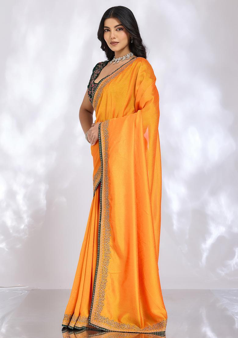 Yellow Embroidery Silk Saree Set - Indya