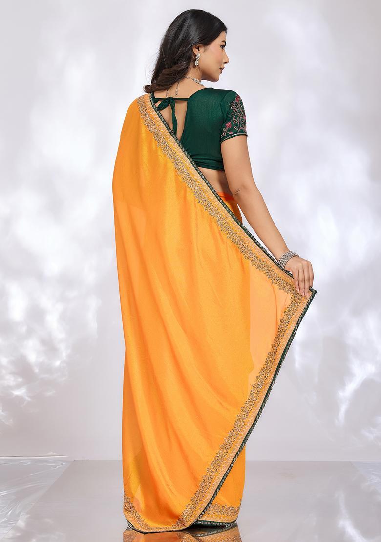 Yellow Embroidery Silk Saree Set - Indya