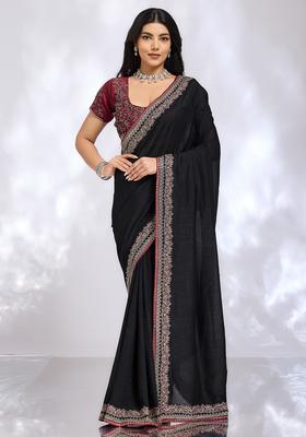 Black Embroidery Silk Saree Set