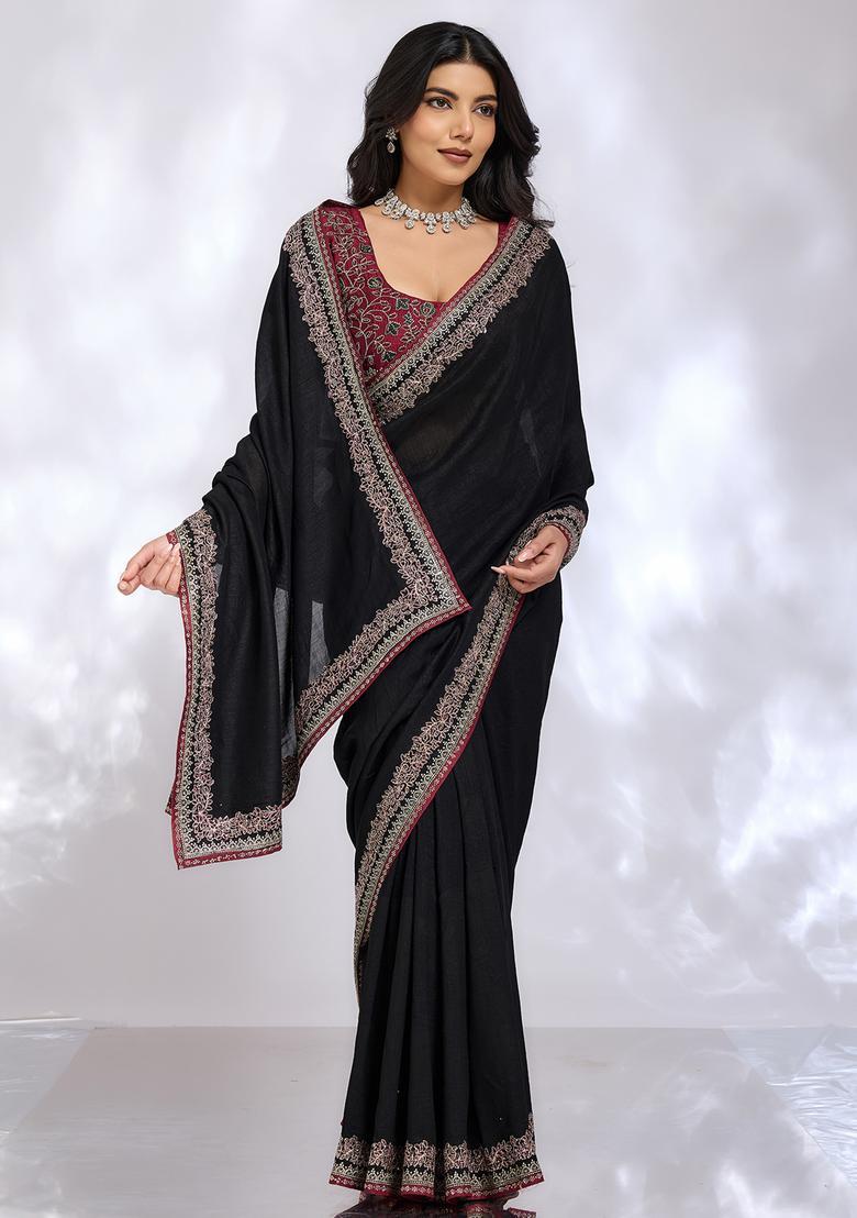 Black Embroidery Silk Saree Set - Indya
