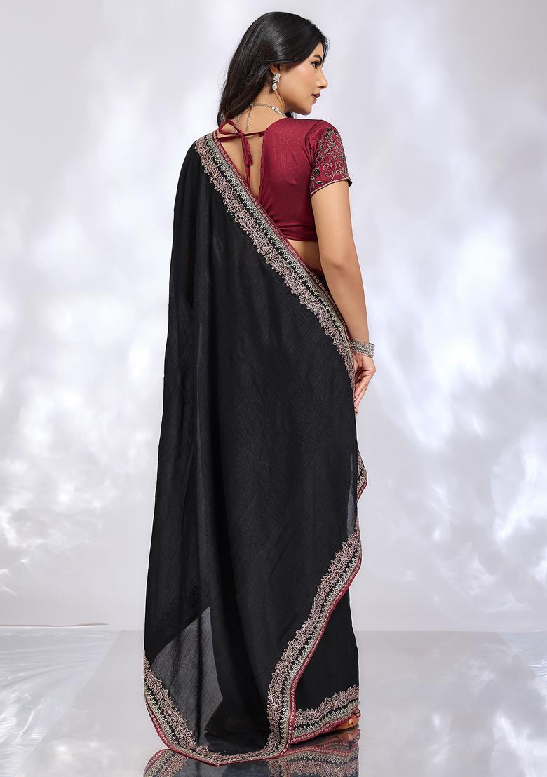 Black Embroidery Silk Saree Set - Indya