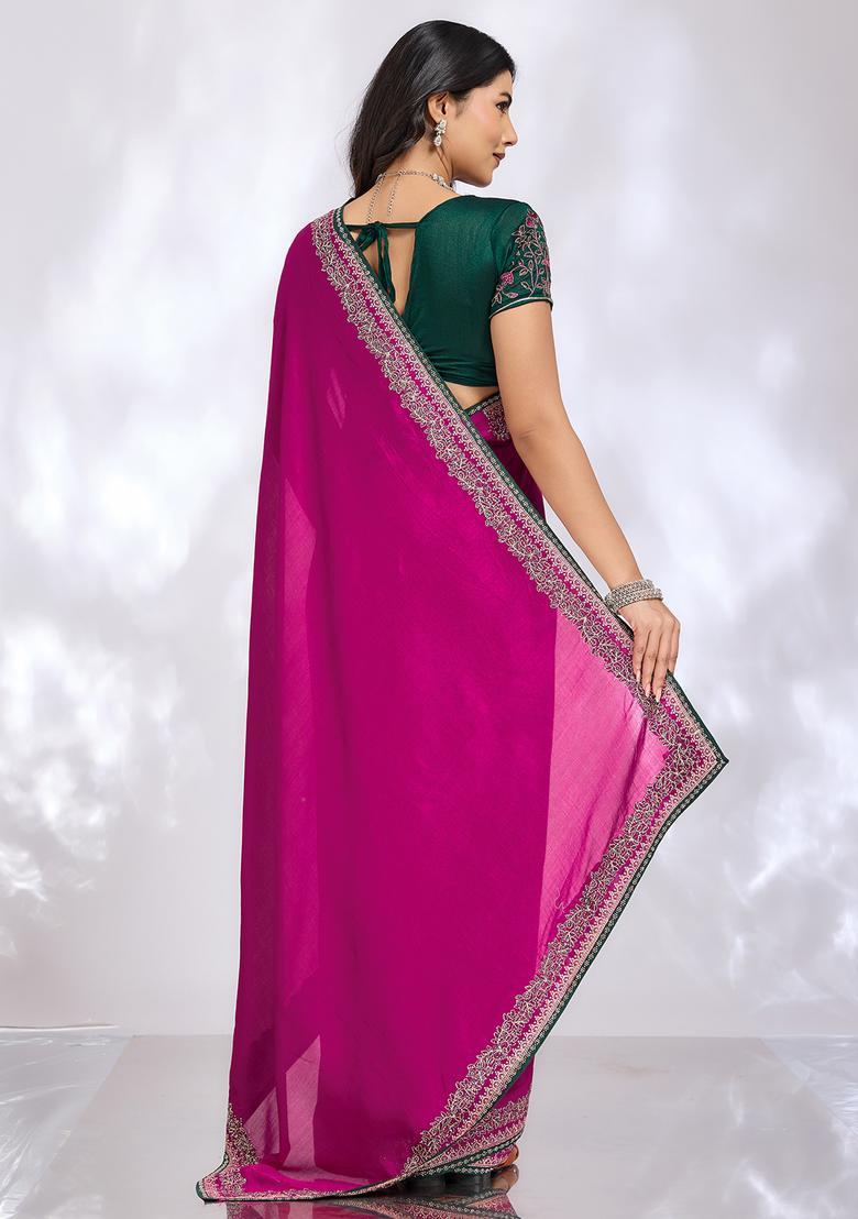 Magenta Embroidery Silk Saree Set - Indya