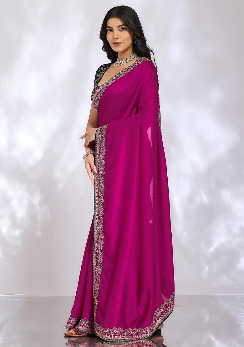 Magenta Embroidery Silk Saree Set - Indya