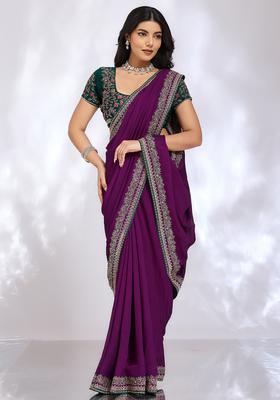 Purple Embroidery Silk Saree Set