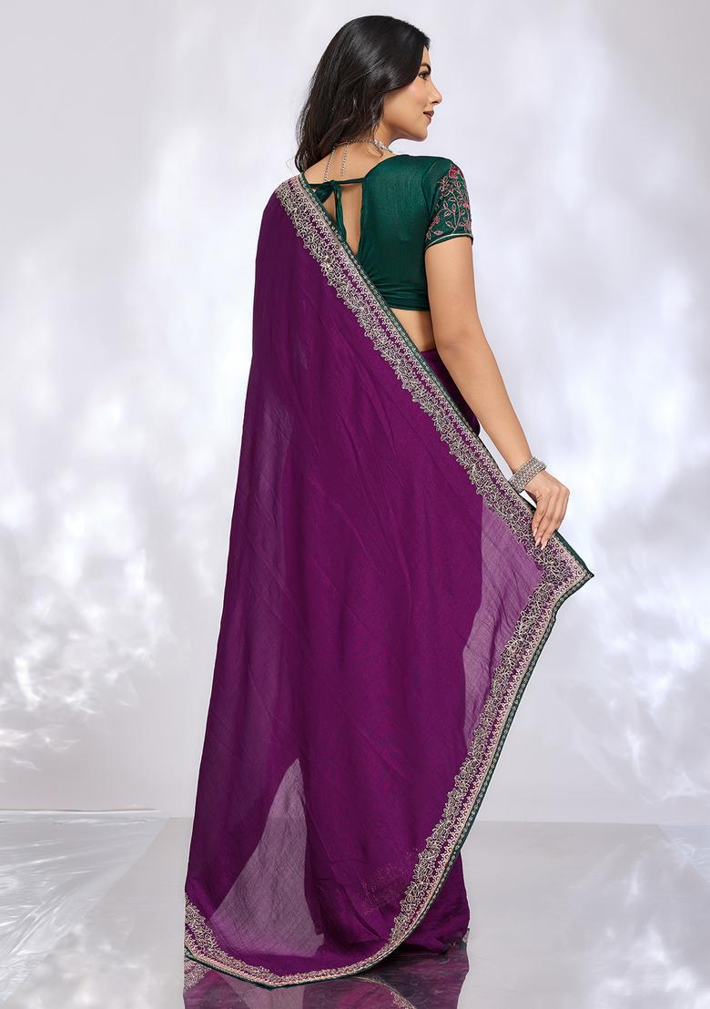 Purple Embroidery Silk Saree Set - Indya