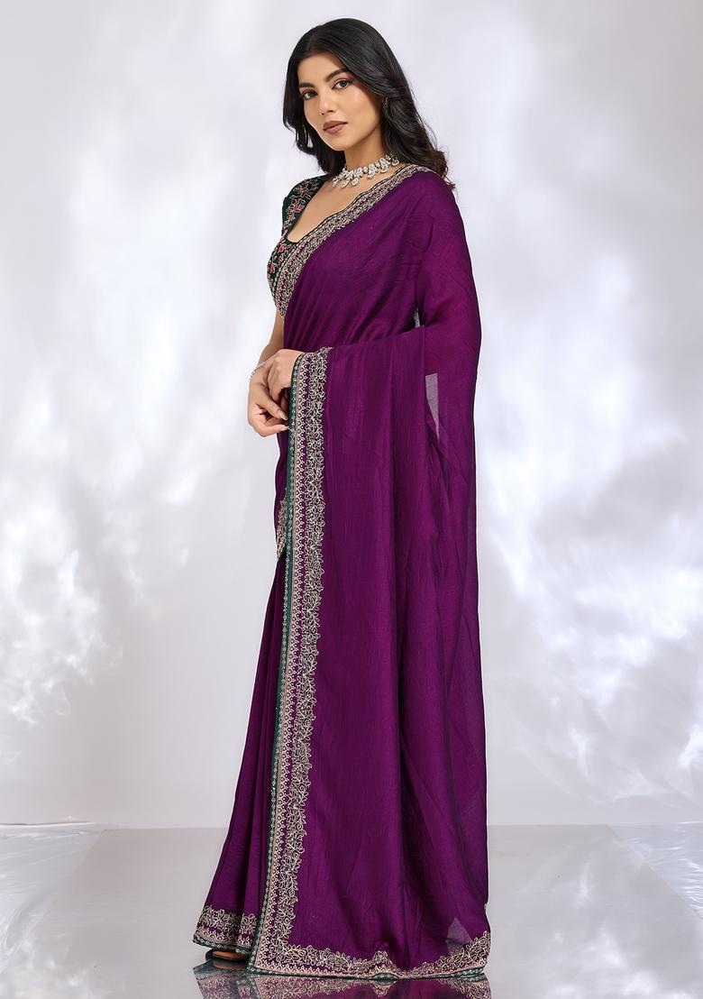 Purple Embroidery Silk Saree Set - Indya
