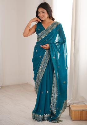 Teal Blue Embroidery Silk Saree Set