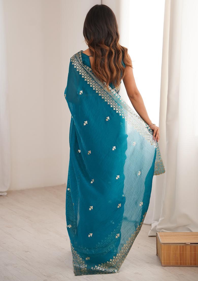 Teal Blue Embroidery Silk Saree Set - Indya