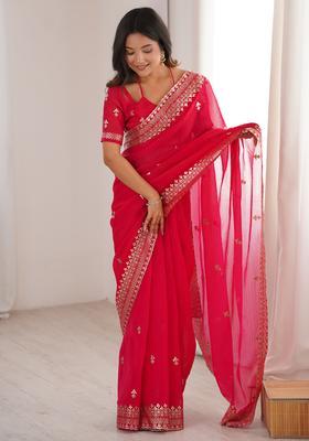 Pink Embroidery Silk Saree Set