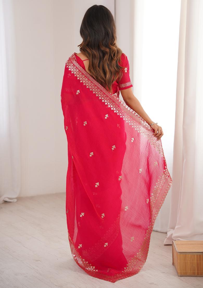 Pink Embroidery Silk Saree Set - Indya