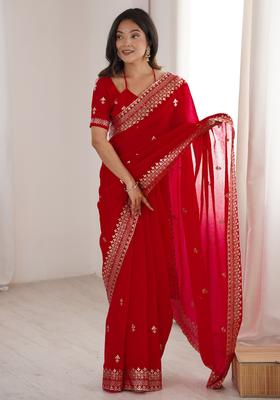 Red Embroidery Silk Saree Set