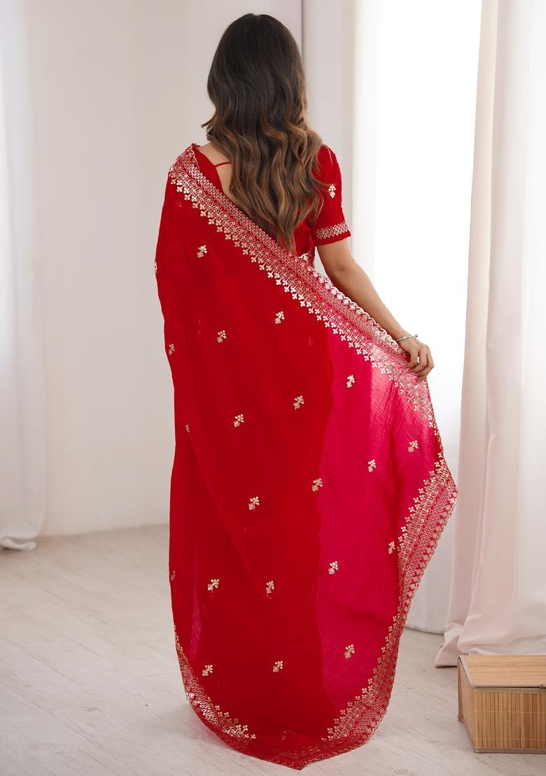 Red Embroidery Silk Saree Set - Indya