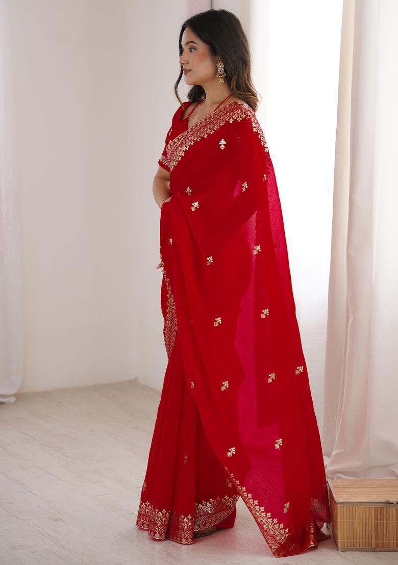 Red Embroidery Silk Saree Set - Indya