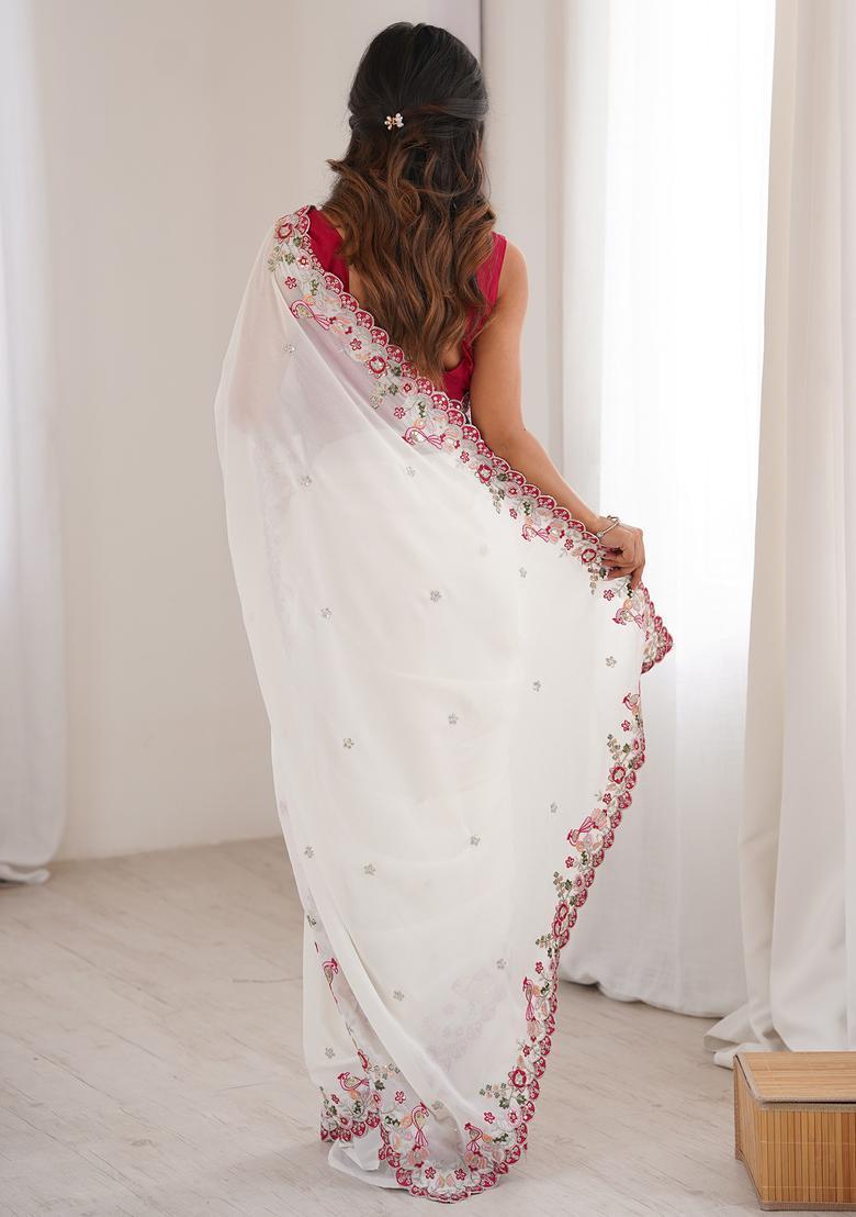 White Embroidery Georgette Saree Set - Indya
