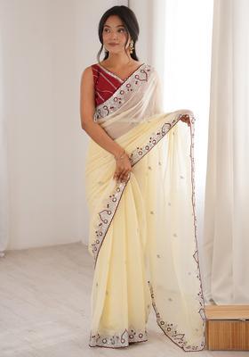 Off White Embroidery Tissue Saree Set