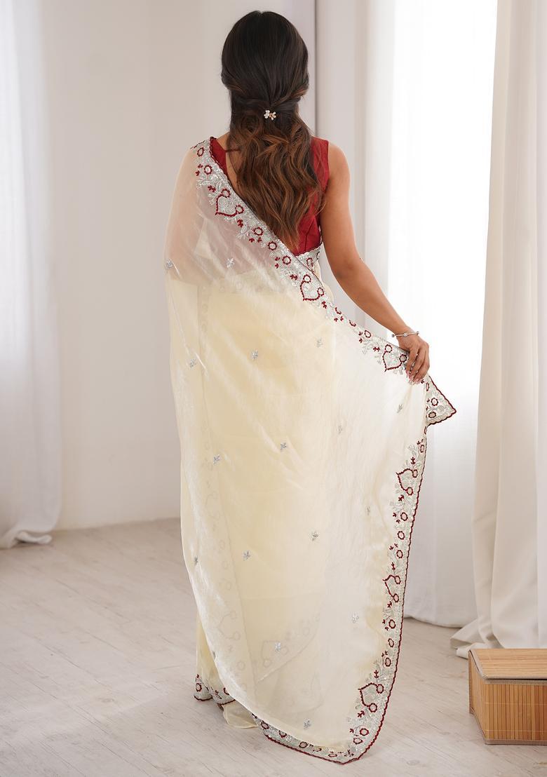 Off White Embroidery Tissue Saree Set - Indya