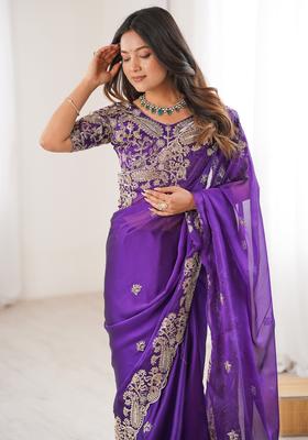 Purple Embellished Georgette Saree Set
