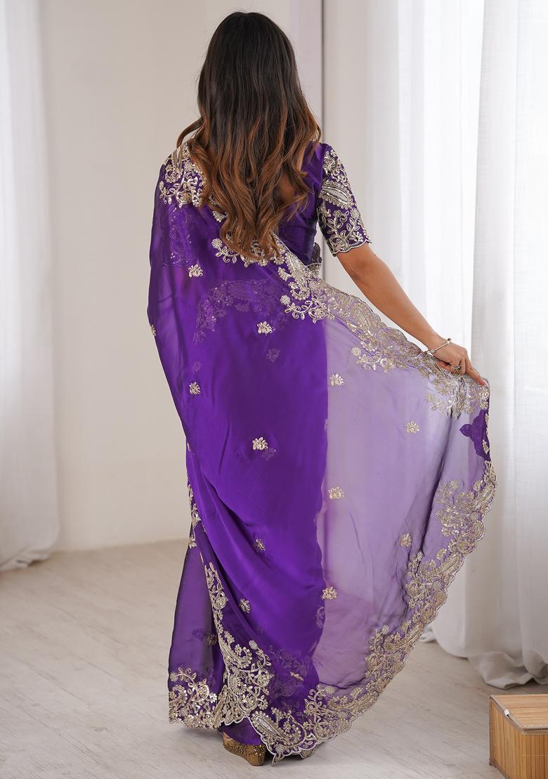 Purple Embellished Georgette Saree Set - Indya
