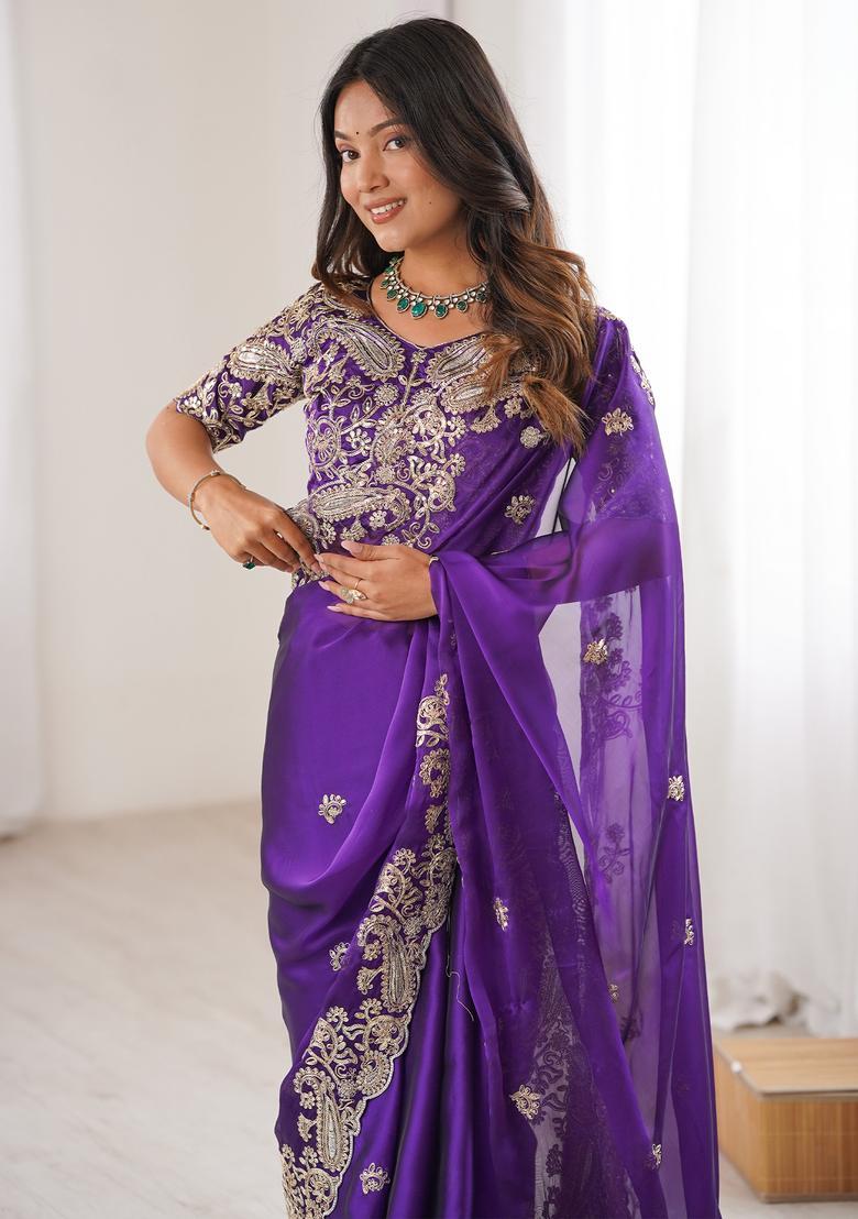 Purple Embellished Georgette Saree Set - Indya
