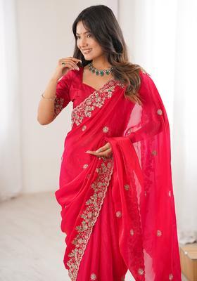 Pink Embellished Georgette Saree Set