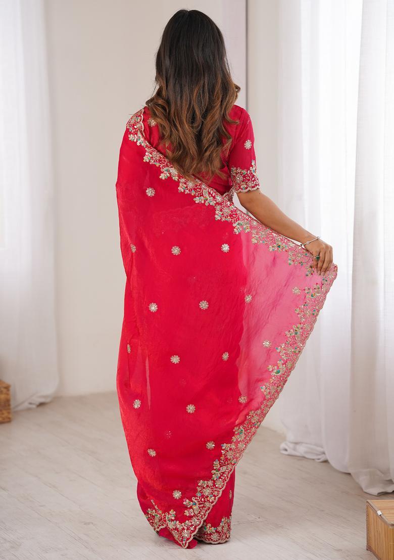 Pink Embellished Georgette Saree Set - Indya