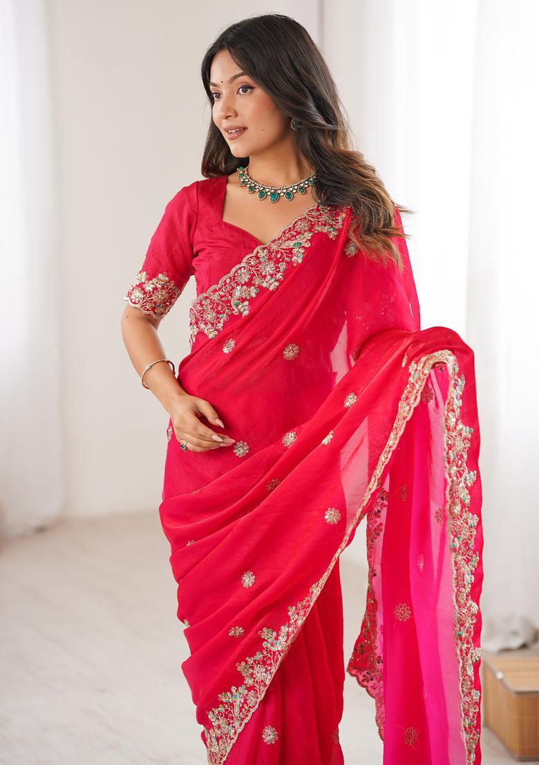 Pink Embellished Georgette Saree Set - Indya