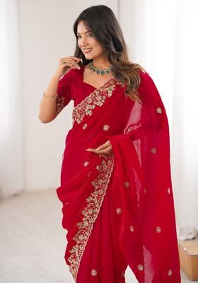 Red Embellished Georgette Saree Set