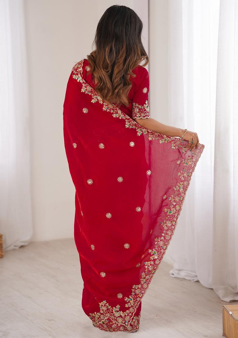 Red Embellished Georgette Saree Set - Indya