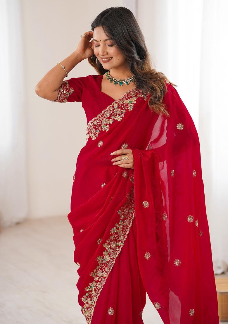 Red Embellished Georgette Saree Set - Indya