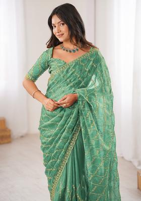 Teal Green Embellished Chiffon Saree Set