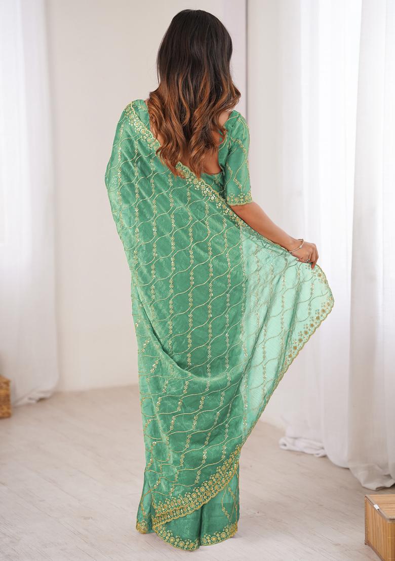Teal Green Embellished Chiffon Saree Set - Indya
