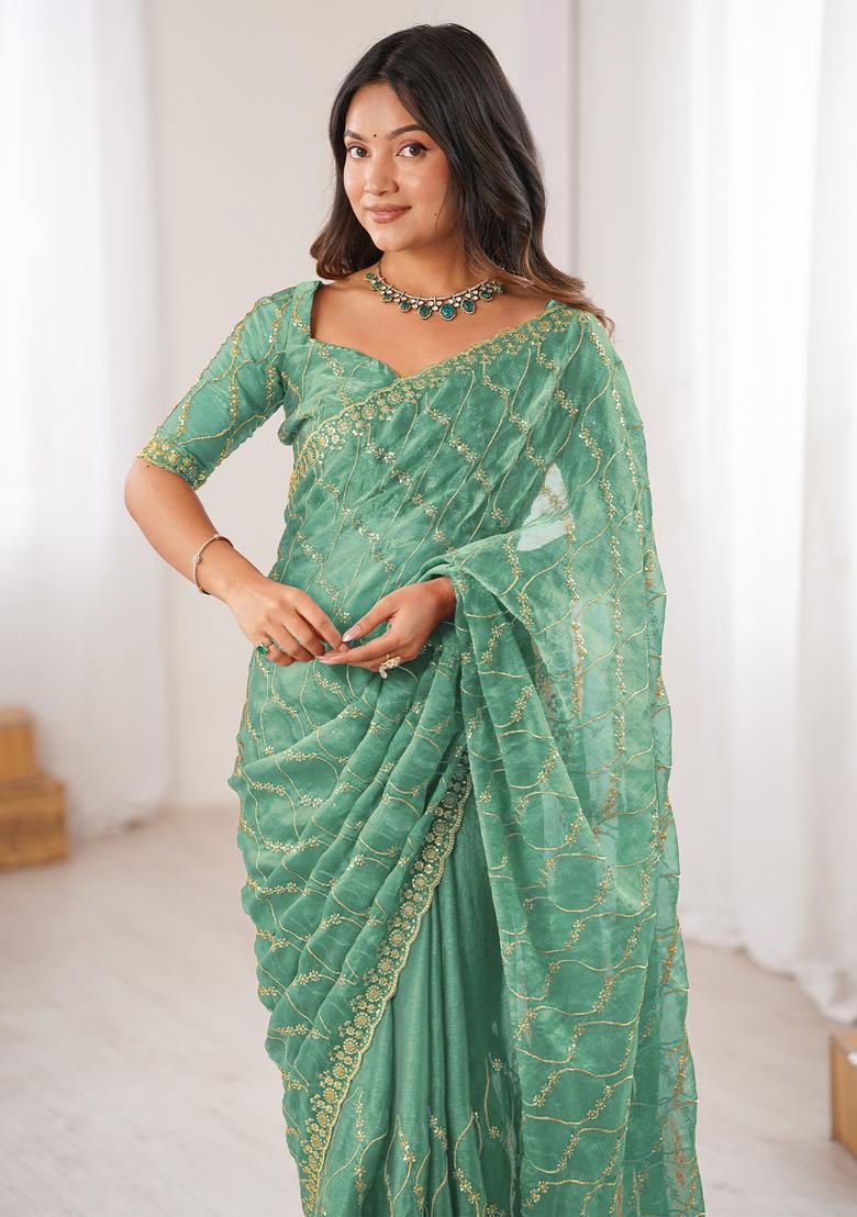 Teal Green Embellished Chiffon Saree Set - Indya