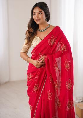 Red Embellished Silk Saree Set